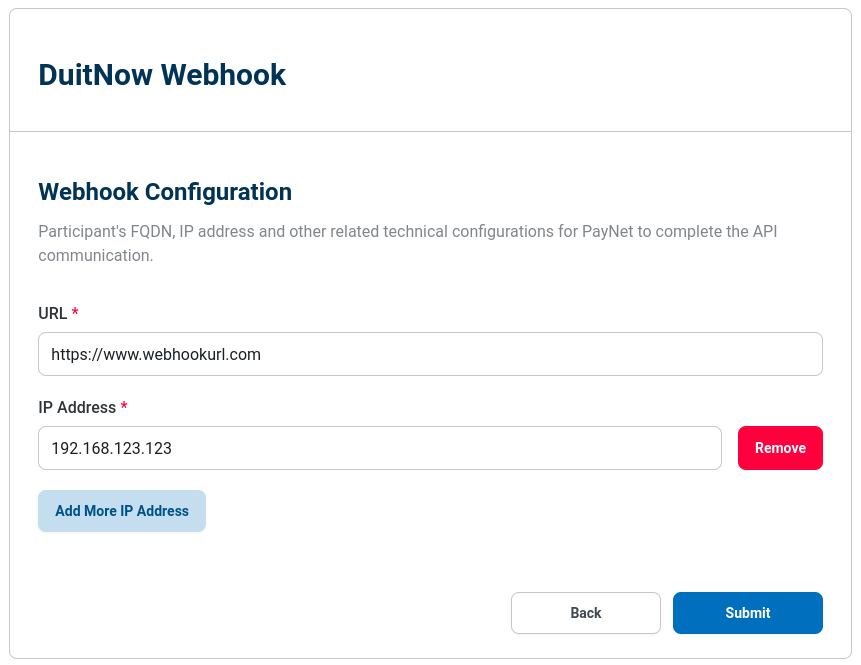 Screenshot of Merchant Registration Form - Webhook and IP address